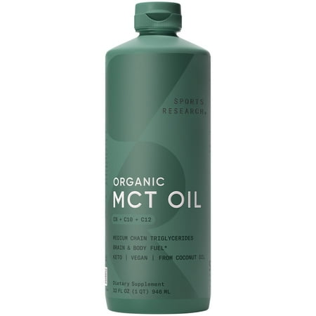 Sports Research® 100% Keto MCT Oil from Organic Coconuts - Triple Ingredient C8, C10, C12 MCTs (32oz)