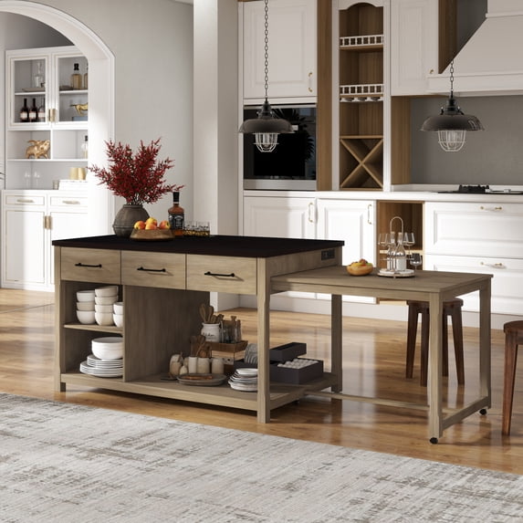 100" Kitchen Island with Extendable Dining Table for 6-8, Oversized Rolling Kitchen Storage Cart with Charging Station, 3 Drawers and Open Shelves for Dining Room, Espresso