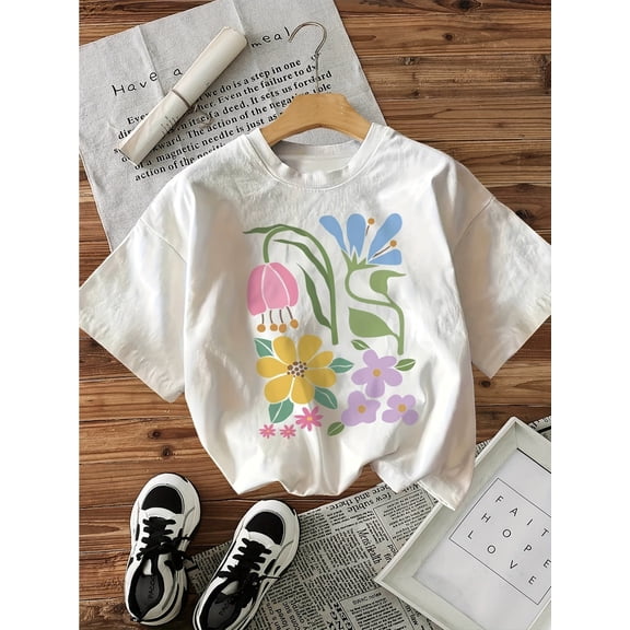 [100% Knit Floral Tee] Floral Graphic Print Women's T-Shirt | 100% Knit Crew Neck Top, Casual Short Sleeve for All Seasons, 220gsm Regular Length Tee