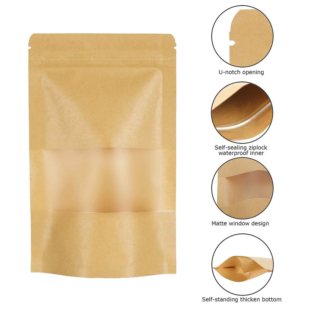 (100) Kraft Bags with Window Resealable Ziplock Stand Up Pouches ...