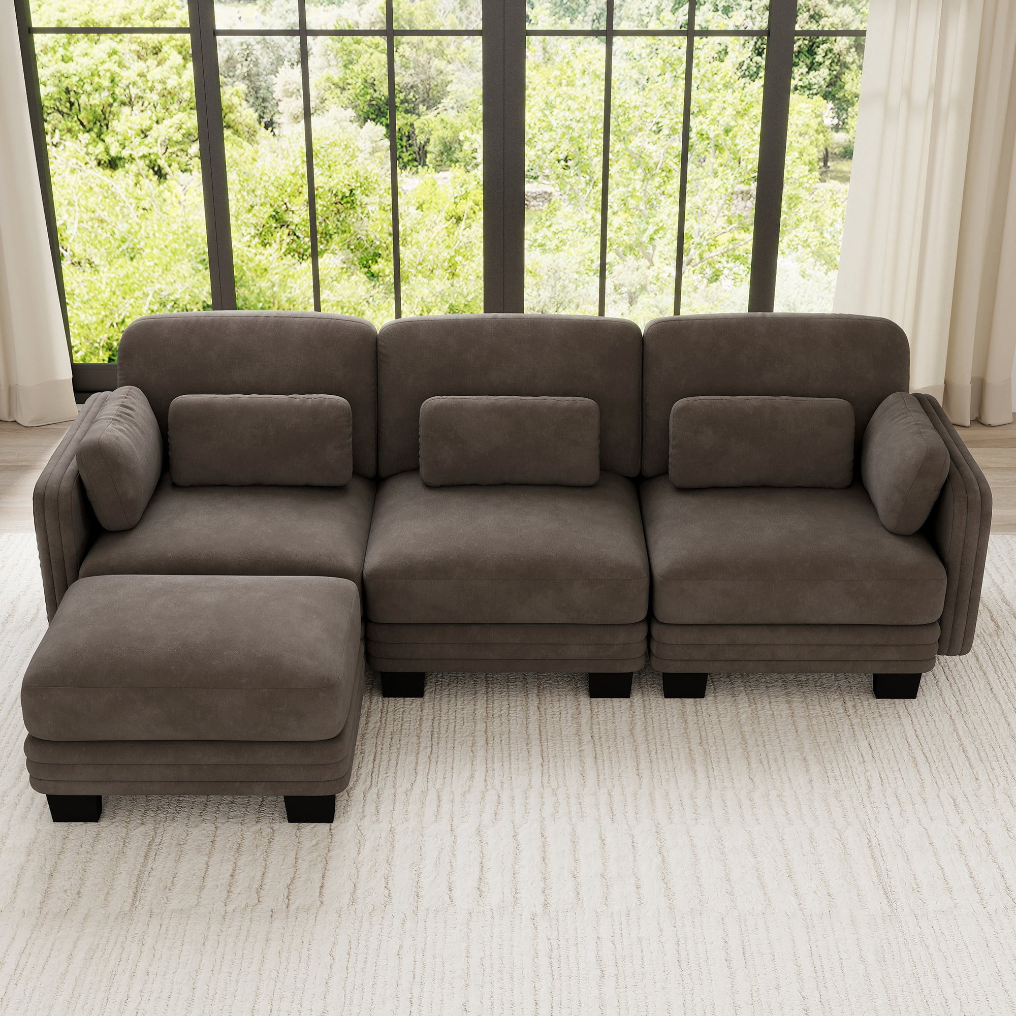 100" L Shape Modern Modular Sectional 3 Seater Sofa Couch with Movable Ottoman and 5 Pillows