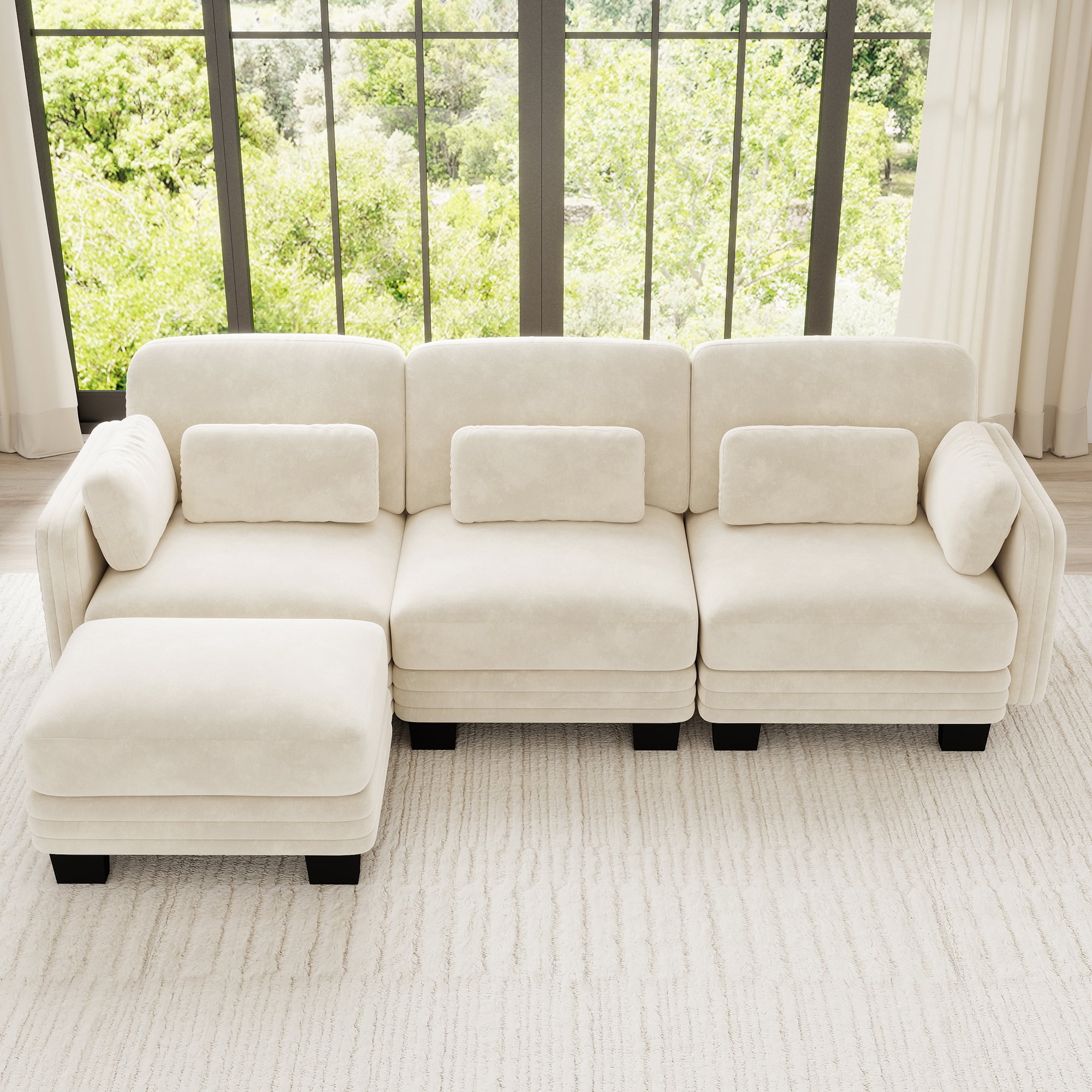 100" L Shape Modern Modular Sectional 3 Seater Sofa Couch with Movable Ottoman and 5 Pillows