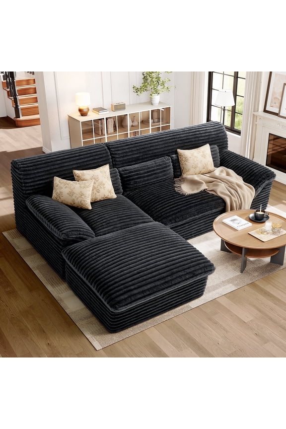 3 Seat 100" L-Shaped Cloud Sectional Couch With Double-Layer Thickened Deep Seat,No Assembly Required, Dark Gray