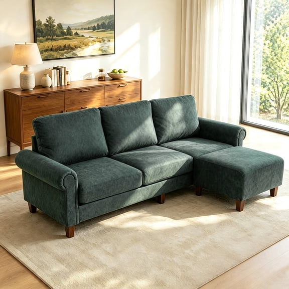 100" L-Shaped Sectional Sofa with Movable Ottoman for Living Room, Green | Modular 4-Seat Couch, Velvet, Scratch-Resistant, Deep Seat, Curved Armrest, Easy Assembly