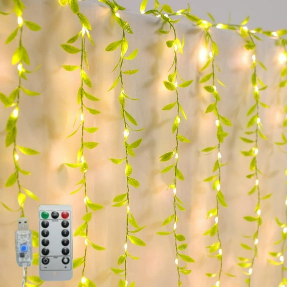 100 LED Artificial Vines Curtain Lights, 9.8ftx3.3ft USB Waterproof Fake Willow Leaves String Lights with Remote 8 Modes Hanging Lights for Holiday Wedding Party Decoration