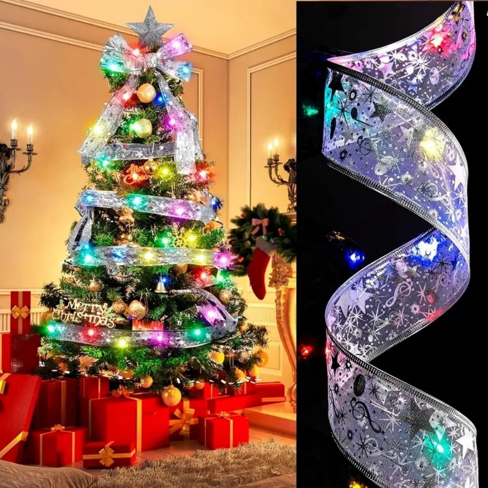 100 LED Battery-powered Christmas Tree, Christmas Tree With 32 Feet Of Ribbon, Golden Wire Ribbon, Christmas Tree Decorations, Christmas Ribbon Lights