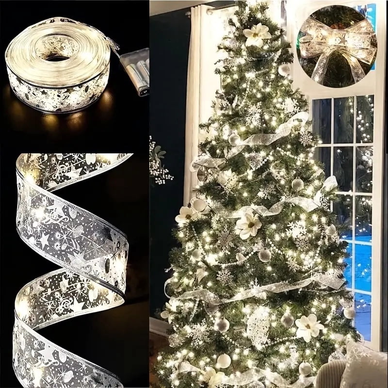 100 LED Battery-powered Christmas Tree, Christmas Tree With 32 Feet Of Ribbon, Golden Wire Ribbon, Christmas Tree Decorations, Christmas Ribbon Lights