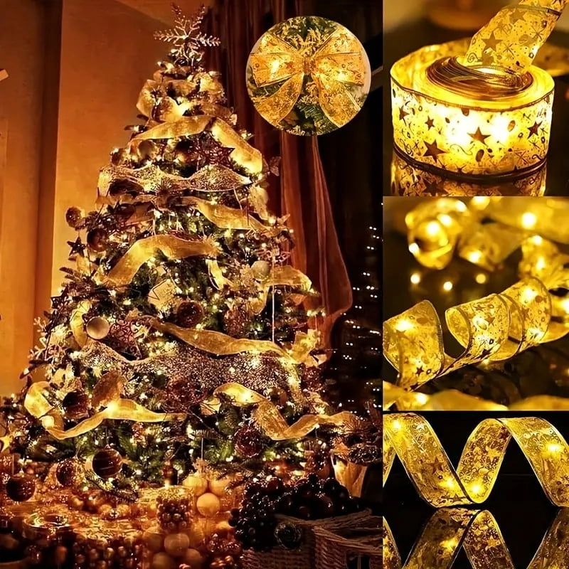 100 LED Battery-powered Christmas Tree, Christmas Tree With 32 Feet Of Ribbon, Golden Wire Ribbon, Christmas Tree Decorations, Christmas Ribbon Lights