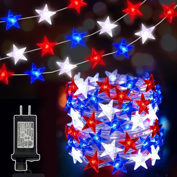100 LED Patriotic Star String Lights, Red White Blue Five Pointed Star Decor Lights, Multi Lighting Modes, 4.5V Low Voltage for 4th of July, Memorial Day, Labor Day USA Holiday Decor