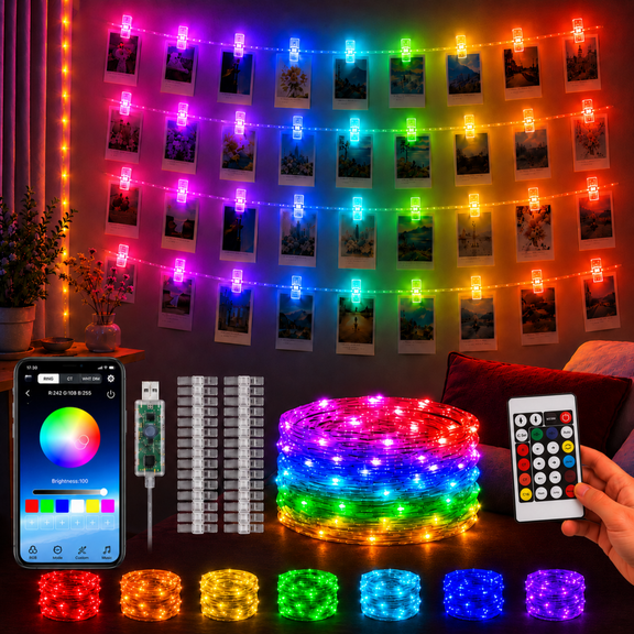 100 LED Photo Clip String Lights, 33FT Fairy Lights for Pictures, USB Photo Hanging Lights with Remote & App Control, Waterproof Picture Lights with 100 Clips for Room Decor