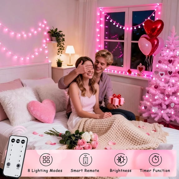 100 LED Pink Valentine Lights Indoor,33 ft Connectable Globe String Lights Plug in, 8 Mode Fairy String Light with Remote for Bedroom Girl Room Anniversary Party Valentines Day Decorations