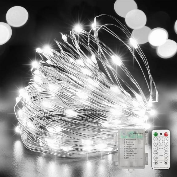 100 LED White Fairy Lights Battery Operated, Mini Battery Powered Copper Wire Starry String Lights,Light Length 32.5Ft, Multi Functions & Timer, with Remote Indoor/Outdoor use