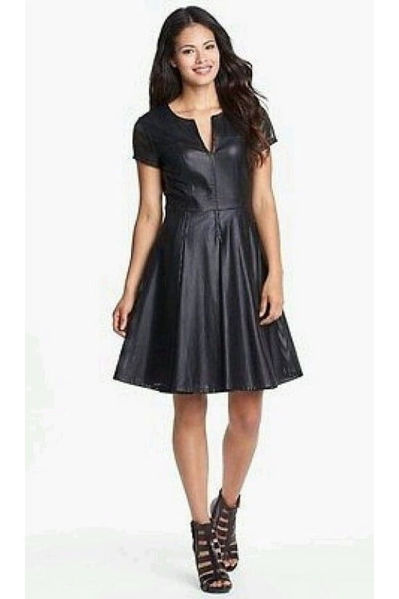 100% Lambskin Leather Beautifully Designed Stylish Black Color Partywear Dress For Women