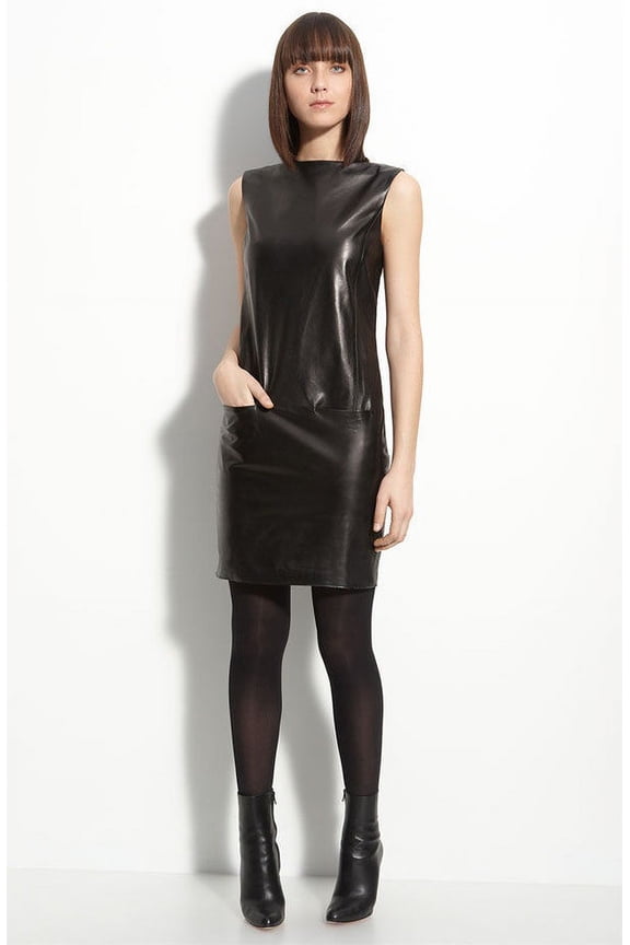 100% Lambskin Leather Beautifully Designed Stylish Black Color Partywear Dress For Women