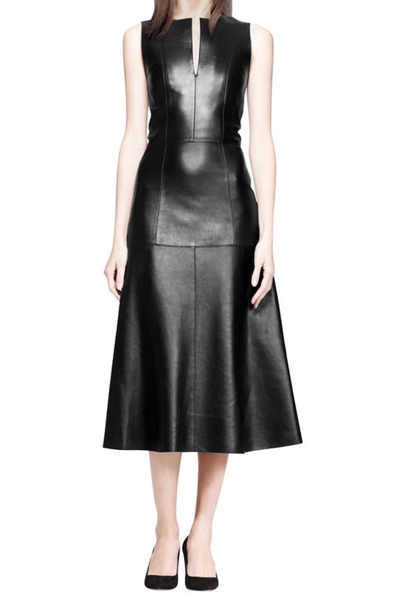 100% Lambskin Leather Beautifully Designed Stylish Black Color Partywear Dress For Women