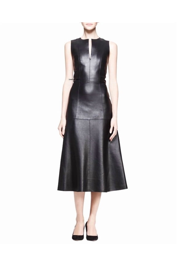 100% Lambskin Leather Beautifully Designed Stylish Black Color Partywear Dress For Women