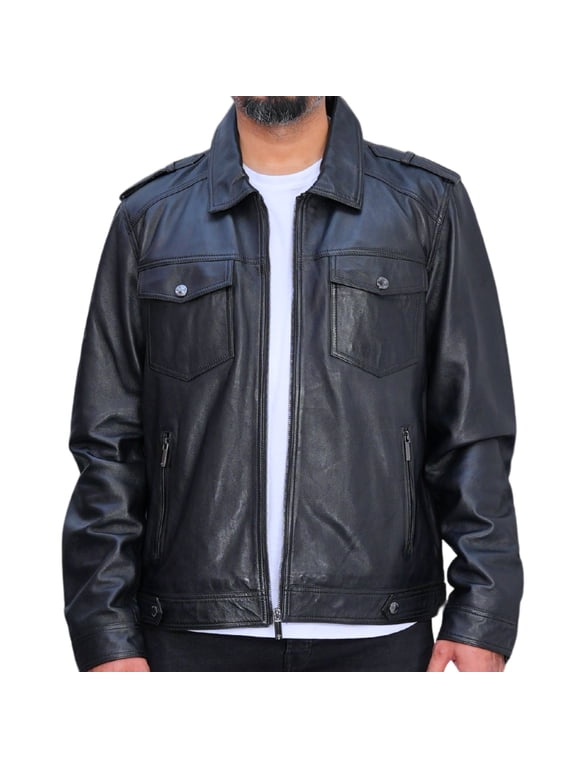 100% Lambskin Polo Collar Café Racer Black Leather Moto Jacket Zip Up Mens