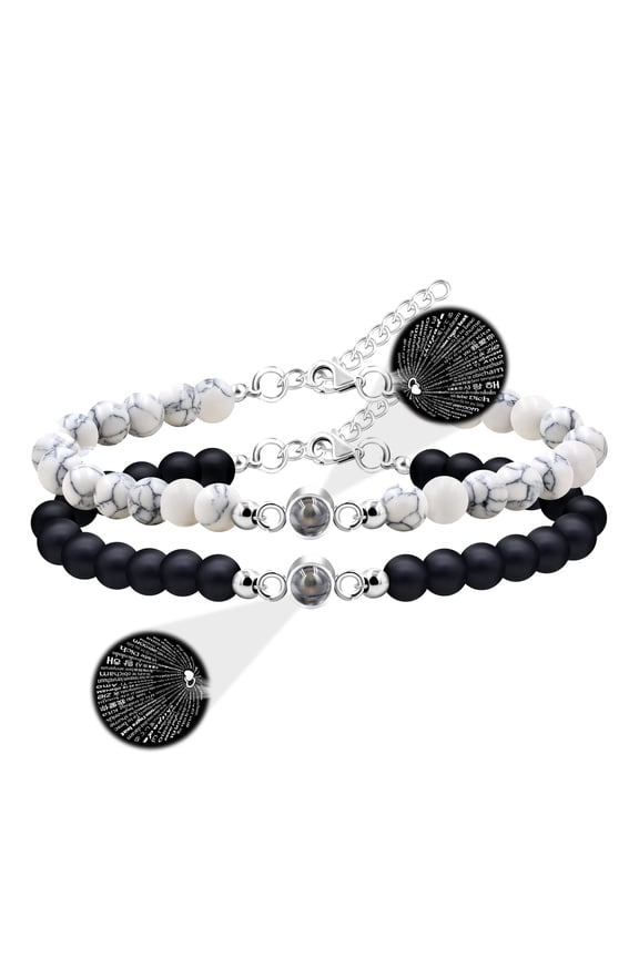 100 Languages I Love You Projection Bracelets Set for Couples, White Turquoise and Black Agate I Love You You Bracelets for Men and Women Y3058