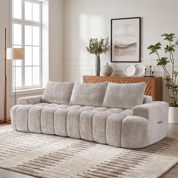 100'' Large Armless Boucle 3-Seater Sofa, Camel Minimalist Cloud Curved Floor Couch, Deep Seat Compressed Sofa with 3 Throw Pillows, No Assembly Needed for Living Room