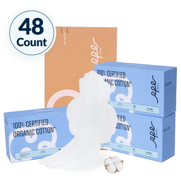 100% Large Organic Pads for Women, Ultra Thin Heavy Flow Sanitary Pads with Wings, Unscented Cotton Pads Menstrual, Super Absorbency Feminine Pads Extra Coverage Period Pads (Large, Size 4, 48ct)
