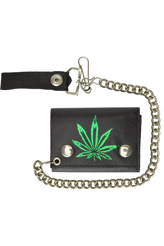 100% Leather Tri-fold Chain Wallet Black #946-9