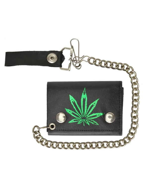 100% Leather Tri-fold Chain Wallet Black #946-9