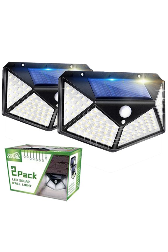100 Led Solar Motion Sensor Lights Outdoor, SOWAZ Wireless Weatherproof Solar Powered Lights for Steps Yard Garage Porch Patio, IP65 Waterproof with Wide Angle (2 Pack)