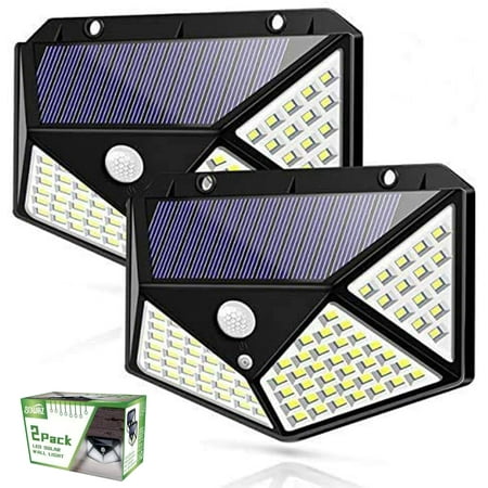 100 Led Solar Motion Sensor Lights Outdoor, SOWAZ Wireless Weatherproof Solar Powered Lights for Steps Yard Garage Porch Patio, IP65 Waterproof with Wide Angle (2 Pack)