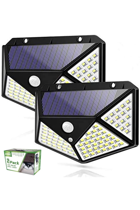 100 Led Solar Motion Sensor Lights Outdoor, SOWAZ Wireless Weatherproof Solar Powered Lights for Steps Yard Garage Porch Patio, IP65 Waterproof with Wide Angle (2 Pack)