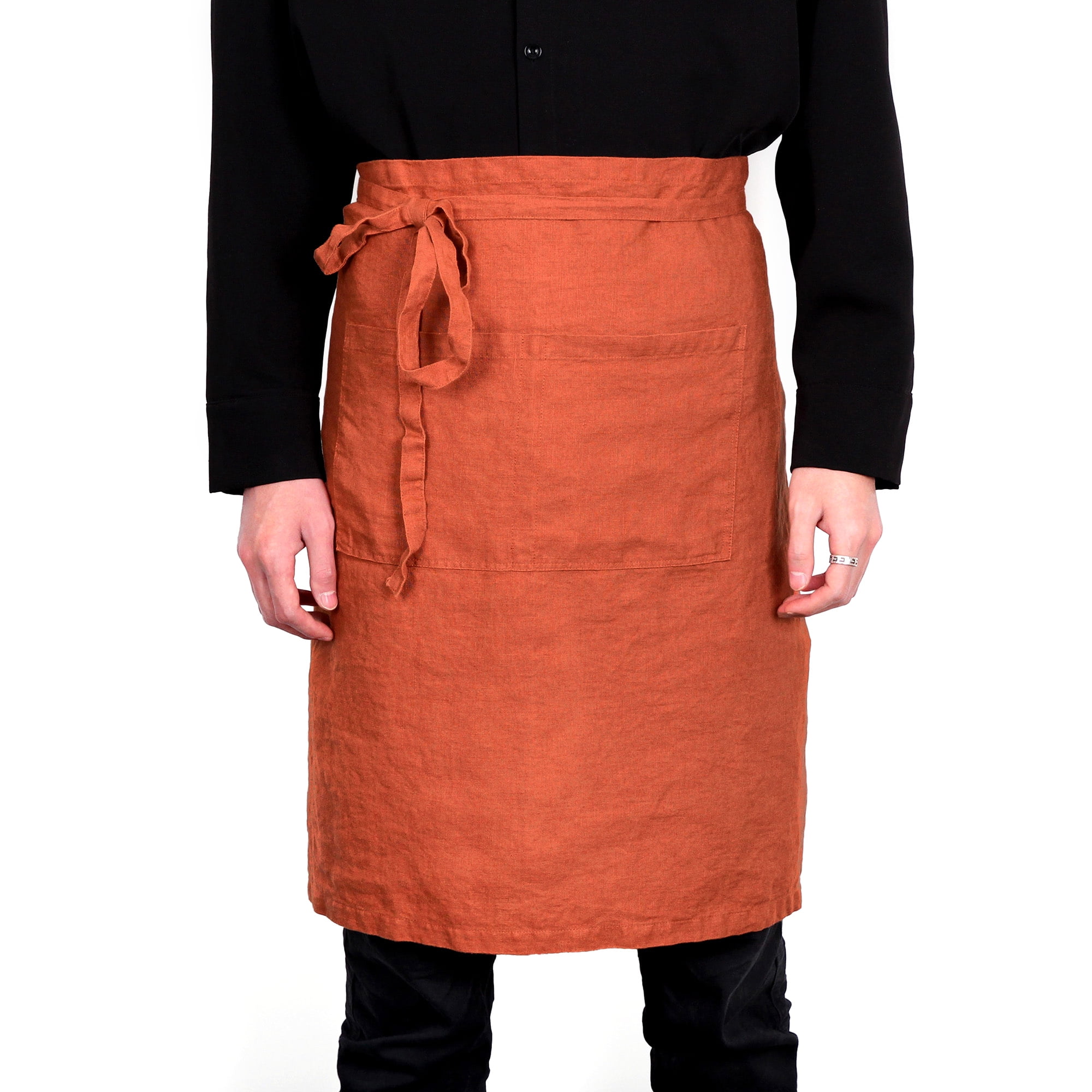 100% Linen Bistro Apron with Pockets 25x35 inch - Unisex Half Apron - Caramel