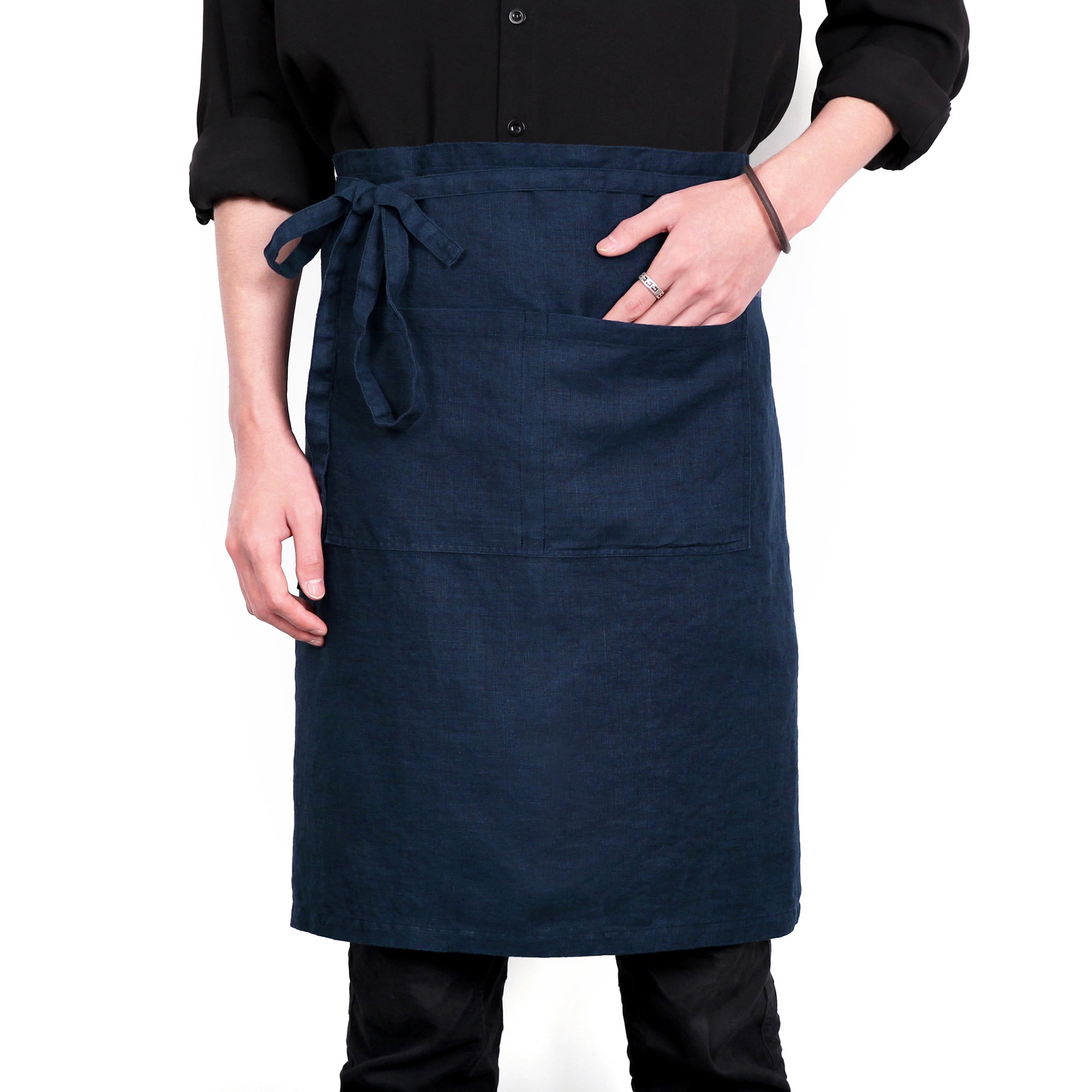 100% Linen Bistro Apron with Pockets 25x35 inch - Unisex Half Apron - Navy