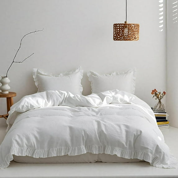 100% Linen Duvet Cover Set, 3 PCS Natural French Flax White Ruffle Duvet Cover Queen Size, Breathable Comfy Linen Bedding Comforter Cover with 2 Pillowcases (White, 88" X 92")