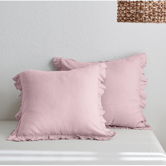 100% Linen Euro Sham Covers with Ruffle, 26x26 Inch Pillow Covers Set of 2, Euro Pillow Shams for Bed Couch French Home Decor Luxury and Breathable Square Pillow Cases, Blush Pink