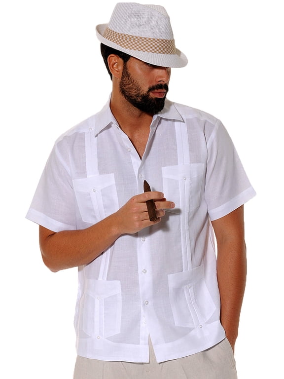 100% Linen Guayabera Shirt 4 Pocket Short Sleeve Traditional (Men)