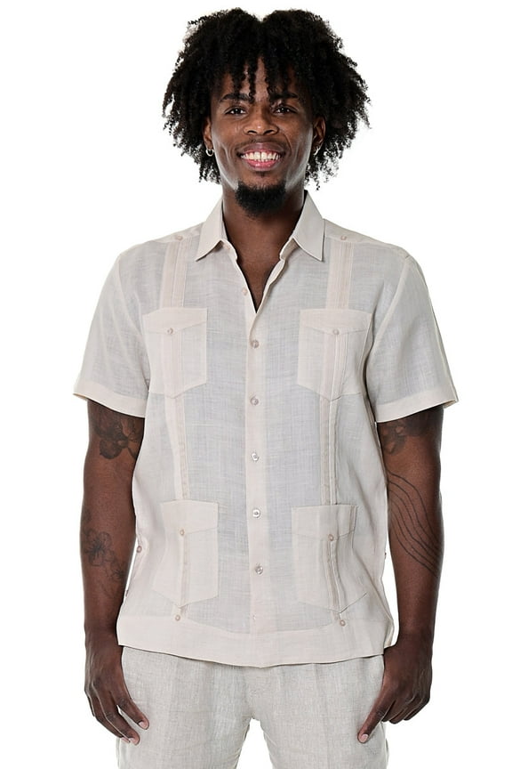 100% Linen Guayabera Shirt for Men's 4 Pocket Short Sleeve Traditional Button-Down