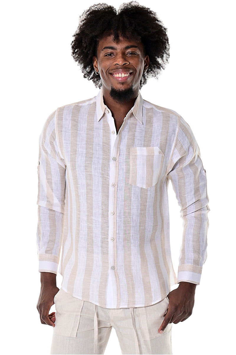 100% Linen Long Sleeve Button-Down Shirt with Pocket  Stripes
