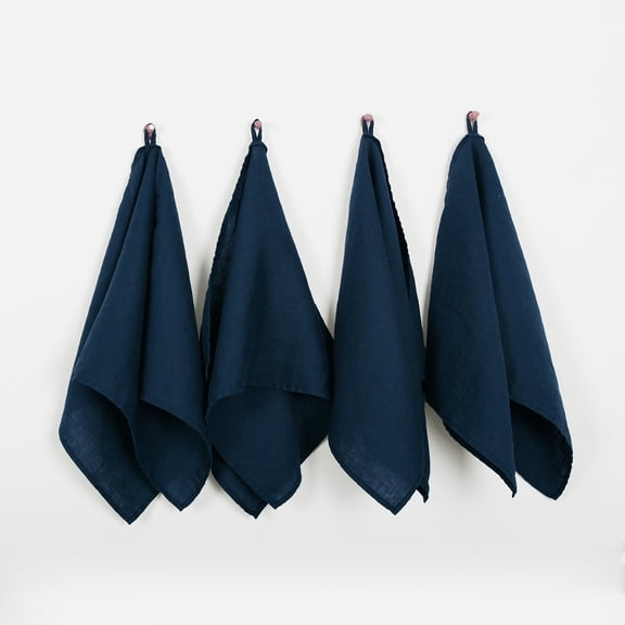 100% Linen Tea Towels 14 x 28 Inch Kitchen Dish and Hand Towels Set of 4 - Navy