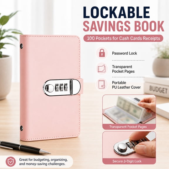 100 Lockable Savings Book Password Lock Cash Saving Binder 100 Pocket Money Challenge Book Currency Collectors Album Savings Organizer