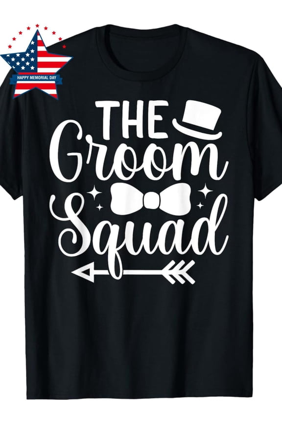 100% Made in USA, 180g Men's Groom Squad T-Shirt - Black with White Lettering, Stars & Bow Tie Design, Cotton, Short Sleeve, Round Neck - Ideal for Bachelor Party & Wedding Celebrations