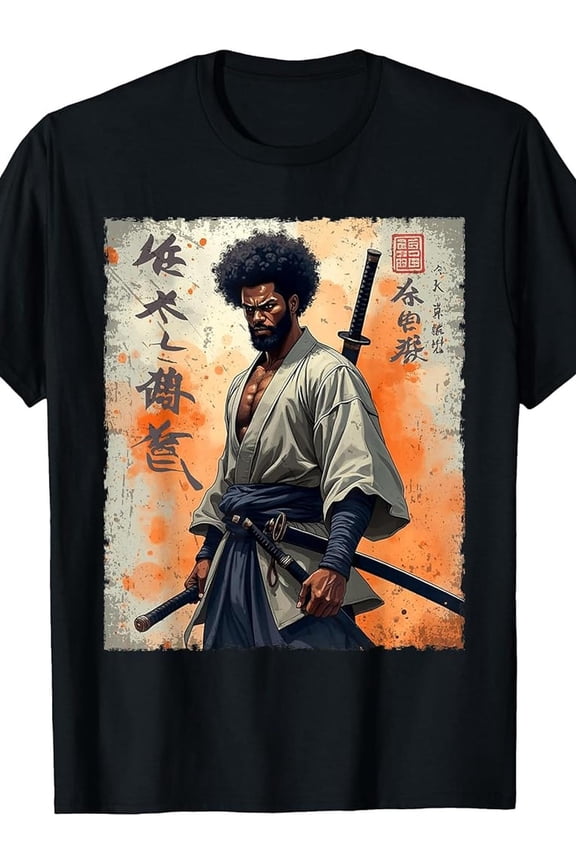 100% Made in USA, 180g Vintage African Samurai Afro American Bushido Warrior Katana T-Shirt
