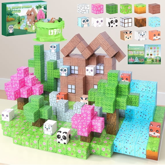 100 Magnetic Building Blocks for Ages 3-8, Forest Animal Theme STEM Construction , 15 Patterns