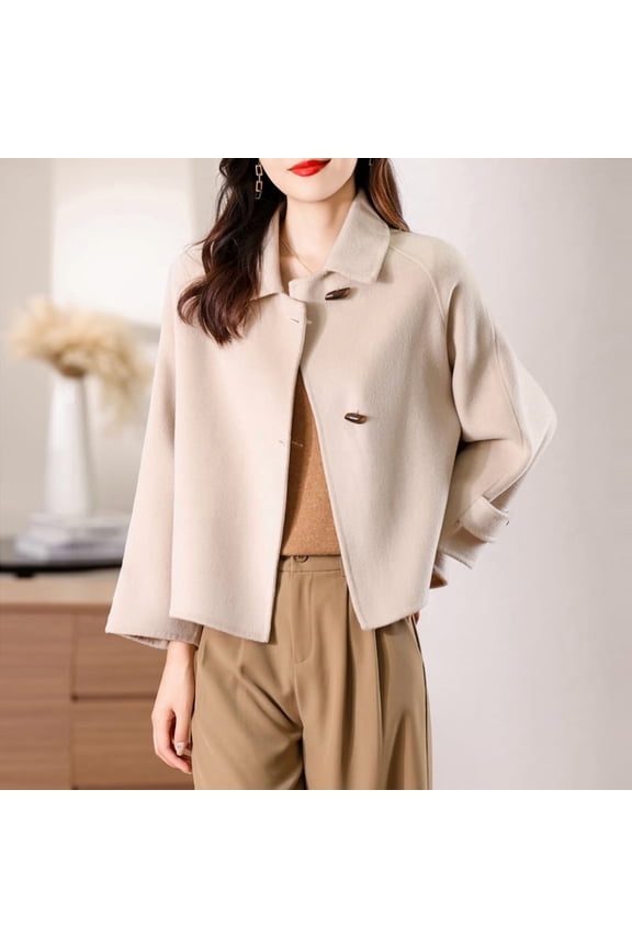 100% Merino Pure Wool Handmade Double-Sided Cloth Chic Coat Women's Short Oxhorn Button Heavy Coat High Street Elegant Top