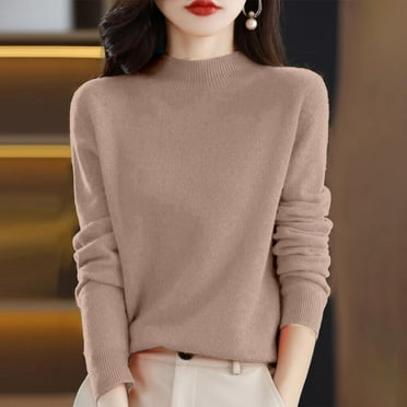 100% Merino Wool Sweaters for Women, 100% Merino Wool Mock Neck Long Sleeve Soft Pullover Sweater Khaki L