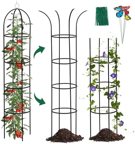 100% Metal Garden Obelisk Trellis for Climbing Plants Outdoor, 6.6ft Tall Metal Plant Support with Garden Twist Tie for Tomato Cucumber Pea Ivy Vines Rose Clematis Potted Plant Trellis 1 Pack