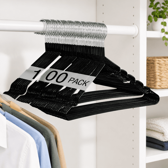 100 Metal Wire Non Slip Clothes Hangers, Black, Space Saving 15.7 Inch Triangle Design for Closet and Dorm