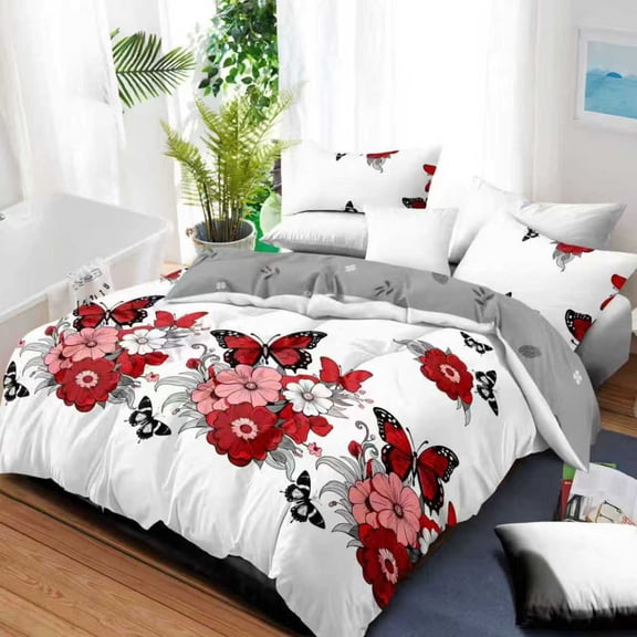 100% Microfiber 4-Piece Bedding Set, Queen/King/California King Sizes Available, Soft, Lightweight & All-Season, White with Red and Pink Floral & Butterfly Pattern