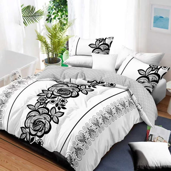 100% Microfiber 4-Piece Bedding Set, Queen/King/California King Sizes Available, Soft, Lightweight & All-Season, White with Black Lace Floral Pattern