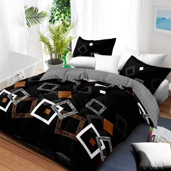 100% Microfiber 6-Piece Bedding Set, Queen/King/California King Sizes Available, Soft, Lightweight & All-Season, Black with White and Orange Geometric Diamond Pattern