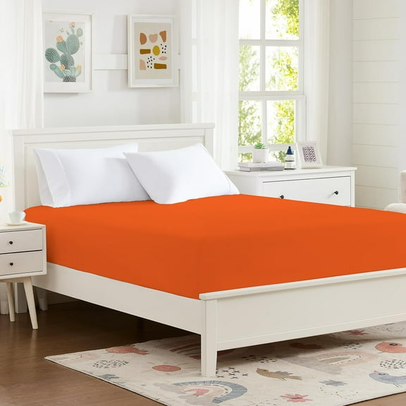 100% Microfiber Full Size Fitted Sheet Only, 54"x75" Hotel Quality Deep Pocket Bottom Sheet, Up to 14" Matress Protector, Machine Washable and Non-Fade, Snug Fit Stay in Place, Autumn Orange
