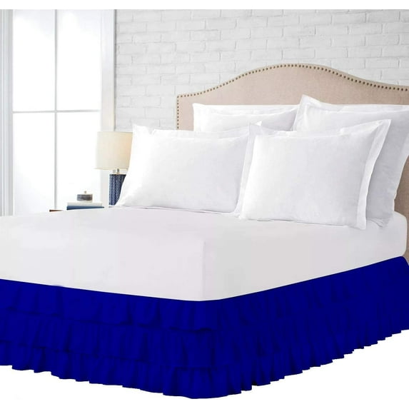 100% Microfiber Multi-Ruffle Queen Size Bed Skirt (60" x 80") with 22" Tailored Drop Lenght, Easy Fit Ruffle Pattern with Adjustable Elastic & Gathered Styling Bed Frame Cover - Royal Blue Solid.
